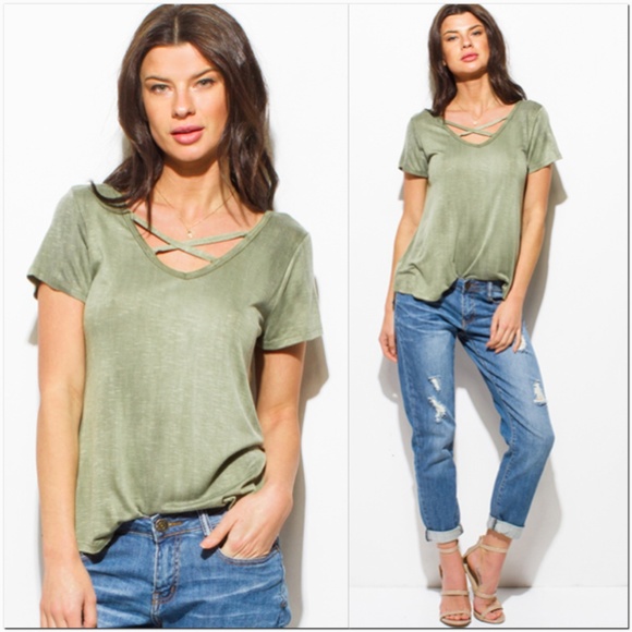 Tops - NEW Olive Green Acid Washed Cut-Out Top